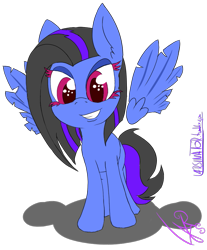 Size: 749x903 | Tagged: safe, artist:magical disaster, imported from derpibooru, oc, oc only, oc:hideki, bedroom eyes, cute, eyelashes, female, floating wings, grin, looking at you, moonpegasus, rule 63, smiling, solo