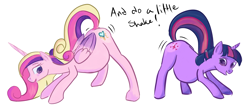 Size: 1828x793 | Tagged: safe, artist:patch, artist:twizzle, imported from derpibooru, princess cadance, twilight sparkle, belly, butt shake, color, colored, face down ass up, looking back, mama twilight, open mouth, pregnant, raised tail, sisters-in-law, smiling, sunshine sunshine, update