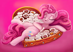 Size: 984x700 | Tagged: safe, artist:gingerfoxy, imported from derpibooru, pinkie pie, box of chocolates, candy, chocolate, female, food, on back, size difference, sleeping, solo