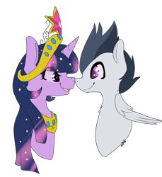 Size: 2491x2719 | Tagged: safe, artist:oddends, imported from derpibooru, rumble, twilight sparkle, alicorn, pony, big crown thingy, boop, crack shipping, element of magic, eye contact, female, fluffy, male, mare, nose wrinkle, noseboop, open mouth, rumblelight, shipping, simple background, smiling, straight, transparent background, twilight sparkle (alicorn)