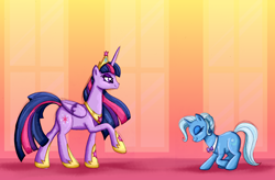 Size: 3000x1964 | Tagged: safe, artist:fimlie, imported from derpibooru, trixie, twilight sparkle, alicorn, pony, unicorn, alternate hairstyle, big crown thingy, bowing, bowtie, duo, female, hoof shoes, jewelry, mare, older, orange background, peytral, regalia, simple background, twilight sparkle (alicorn), ultimate twilight