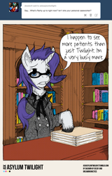 Size: 767x1195 | Tagged: safe, artist:dreamingnoctis, imported from derpibooru, rarity, ask asylum twilight, asylum, book, female, folder, glasses, solo, tumblr, unshorn fetlocks