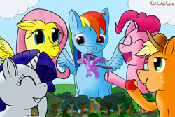 Size: 1024x683 | Tagged: safe, artist:kickassking, imported from derpibooru, angel bunny, applejack, fluttershy, pinkie pie, rainbow dash, rarity, twilight sparkle, alicorn, pegasus, pony, unicorn, apple, giant pony, giggling, macro, mane six, twilight sparkle (alicorn), whitetail woods