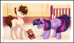 Size: 1800x1056 | Tagged: safe, artist:blackfreya, imported from derpibooru, twilight sparkle, alicorn, pony, crib, crossover, crossover shipping, female, mama twilight, mare, peter parker, ponified, pregnant, spider-man, spiders and magic ii: eleven months, spiders and magic: rise of spider-mane, spidertwi, teddy bear, twilight sparkle (alicorn)