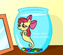 Size: 573x500 | Tagged: safe, artist:manulis, imported from derpibooru, apple bloom, sea pony, adorabloom, cute, female, fishbowl, lonely, sad, solo, species swap