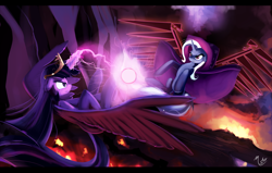 Size: 1100x698 | Tagged: safe, artist:ciscoql, artist:gsphere, imported from derpibooru, trixie, twilight sparkle, alicorn, pony, angry, artificial wings, augmented, collaboration, female, fight, flying, magic, magic wings, mare, twilight sparkle (alicorn), wings