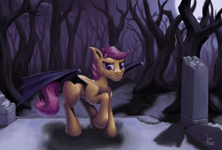 Size: 1800x1216 | Tagged: safe, artist:zevironmoniroth, imported from derpibooru, scootaloo, bat pony, pony, bat ponified, fangs, forest, scootabat