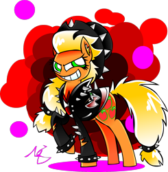 Size: 1406x1436 | Tagged: safe, artist:mushroomcookiebear, imported from derpibooru, applejack, badass, bracelet, clothes, ear fluff, leather jacket, messy hair, smiling, spiked wristband, spikes