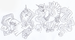 Size: 1599x859 | Tagged: safe, artist:kitsu-illustration, imported from derpibooru, princess cadance, princess luna, alicorn, pony, female, mare, monochrome