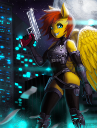 Size: 914x1200 | Tagged: safe, artist:dclzexon, imported from derpibooru, oc, oc only, oc:swift cuddles, anthro, fanfic:starlight over detrot: a noir tale, adoracreepy, anthro oc, clothes, creepy, cute, desert eagle, fanfic art, fangs, gun, leotard, no trigger discipline, socks, solo, starlight over detrot, thigh highs