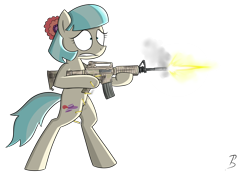 Size: 2300x1600 | Tagged: safe, artist:pandramodo, imported from derpibooru, coco pommel, earth pony, pony, bipedal, female, gun, m4, missing accessory, rifle, shooting, simple background, solo, transparent background, weapon