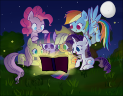 Size: 1000x781 | Tagged: safe, artist:xwreathofroses, imported from derpibooru, applejack, fluttershy, pinkie pie, rainbow dash, rarity, twilight sparkle, book, reading