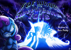 Size: 3508x2480 | Tagged: safe, artist:jowyb, artist:jowybean, imported from derpibooru, rarity, sweetie belle, pony, unicorn, for whom the sweetie belle toils, evil, evil grin, grin, lightning, metallica, parody, ride the lightning, song reference, title card