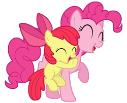 Size: 8192x6652 | Tagged: safe, artist:thatguy1945, imported from derpibooru, apple bloom, pinkie pie, earth pony, pony, pinkie apple pie, absurd resolution, adorabloom, cute, diapinkes, duo, duo female, eyes closed, female, filly, foal, hug, mare, open mouth, open smile, raised hoof, simple background, smiling, teeth, transparent background, vector