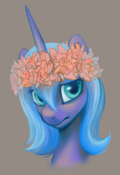 Size: 1145x1664 | Tagged: safe, artist:kaermter, imported from derpibooru, princess luna, pony, bust, female, floral head wreath, portrait, s1 luna, simple background, solo