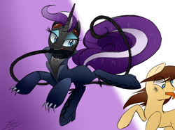 Size: 1120x836 | Tagged: safe, artist:supermare, imported from derpibooru, nightmare rarity, earth pony, pony, catwoman, kick, tongue out, whip