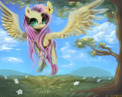 Size: 2500x2000 | Tagged: safe, artist:carligercarl, imported from derpibooru, fluttershy, female, flower in hair, smiling, solo, spread wings