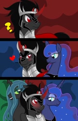 Size: 718x1112 | Tagged: safe, artist:astralmelodia, artist:aurora-chiaro, imported from derpibooru, king sombra, princess luna, queen chrysalis, bedroom eyes, blushing, chrysalumbra, chrysombra, collaboration, comic, female, frown, grin, heart, king sombra gets all the mares, lucky bastard, lumbra, male, ot3, question mark, shipping, smiling, straight