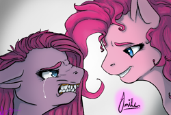 Size: 960x646 | Tagged: safe, artist:lerainbowturtle, imported from derpibooru, pinkie pie, pony, crying, duality, duo, female, gradient background, mare, pinkamena diane pie, teeth
