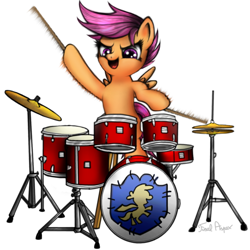 Size: 1000x1000 | Tagged: safe, artist:finalaspex, imported from derpibooru, scootaloo, pegasus, cutie mark crusaders patch, drums, drumsticks, female, filly, hoof hold, musical instrument, open mouth, simple background, solo, white background