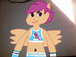 Size: 800x600 | Tagged: safe, artist:shafty817, imported from derpibooru, scootaloo, fighting is magic, equestria girls, 1000 hours in ms paint, belly button, boxing, boxing bra, boxing shorts, clothes, eared humanization, exeron fighters, fight, humanized, midriff, ms paint, ponied up, scootaloo dash, shorts, sports bra