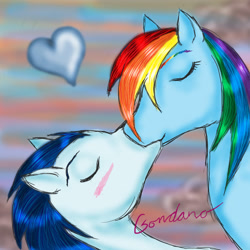 Size: 894x894 | Tagged: safe, artist:gondaro, imported from derpibooru, rainbow dash, soarin', blushing, female, heart, kissing, male, shipping, soarindash, straight