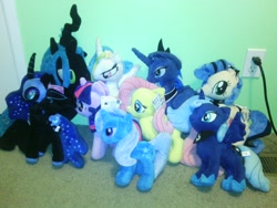 Size: 2592x1944 | Tagged: safe, imported from derpibooru, fluttershy, nightmare moon, princess celestia, princess luna, queen chrysalis, trixie, twilight sparkle, oc, oc:milky way, pony, 4de, bootleg, collection, custom, customized toy, female, filly, irl, mare, photo, plushie, s1 luna, woona