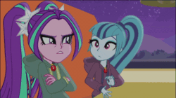 Size: 768x430 | Tagged: safe, imported from derpibooru, screencap, aria blaze, sonata dusk, equestria girls, rainbow rocks, animated, female, gem, siren gem, tsundaria, tsundere