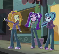 Size: 787x720 | Tagged: safe, imported from derpibooru, screencap, adagio dazzle, aria blaze, sonata dusk, equestria girls, rainbow rocks, clothes, diner, gem, hoodie, jewelry, necklace, outdoors, sidewalk, siren gem, the dazzlings, trio, wind