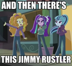 Size: 787x720 | Tagged: safe, imported from derpibooru, screencap, adagio dazzle, aria blaze, sonata dusk, equestria girls, rainbow rocks, and then there's this asshole, clothes, diner, gem, hoodie, image macro, jewelry, jimmies, meme, necklace, pendant, rustled my jimmies, siren gem, the dazzlings