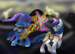 Size: 1024x745 | Tagged: safe, artist:1231redflame, imported from derpibooru, shining armor, oc, oc:azure night, fight, sword