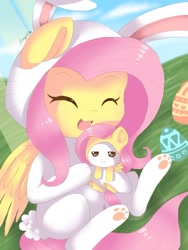 Size: 768x1024 | Tagged: safe, artist:xangelheartx, imported from derpibooru, angel bunny, fluttershy, :3, :t, bunny costume, bunnyshy, clothes, costume, cute, duo, easter, easter egg, eyes closed, female, fluttershy suit, hilarious in hindsight, open mouth, paw gloves, paw pads, paw prints, pony costume, shyabetes, solo