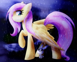 Size: 2500x2000 | Tagged: safe, artist:usagiixd, imported from derpibooru, angel bunny, fluttershy, female, rain, solo