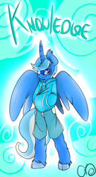 Size: 981x1800 | Tagged: safe, artist:cynux, imported from derpibooru, oc, oc only, alicorn, anthro, alicorn oc, anthro oc, bipedal, clothes, cloud, cloudy, curved horn, ear fluff, glasses, hoodie, male, requested art, shorts, smiling, solo, spread wings