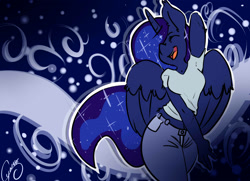 Size: 2200x1594 | Tagged: safe, artist:cynux, imported from derpibooru, princess luna, alicorn, anthro, abstract background, clothes, dancing, eyes closed, female, smiling, solo, spread wings