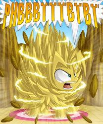 Size: 1000x1200 | Tagged: safe, artist:berrypawnch, imported from derpibooru, oc, oc only, oc:fluffle puff, dragon ball, dragon ball z, raspberry noise, solo, static, static electricity, super saiyan, this will end in pbbt, xk-class end-of-the-world scenario