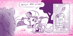 Size: 1280x640 | Tagged: safe, artist:dilarus, deleted from derpibooru, imported from derpibooru, fluttershy, big cat, lion, pegasus, pony, meet-the-pones, dark comedy, female, gravestone, implied death, mare, reality ensues, too dumb to live, tree