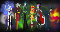 Size: 5069x2758 | Tagged: safe, artist:yuntaoxd, deleted from derpibooru, imported from derpibooru, discord, king sombra, lord tirek, nightmare moon, queen chrysalis, sunset shimmer, human, antagonist, humanized, skinny