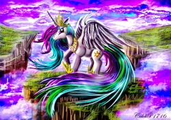 Size: 1024x717 | Tagged: safe, artist:calebp1716, imported from derpibooru, princess celestia, cloud, cloudy, female, grass, solo, spread wings, windswept mane