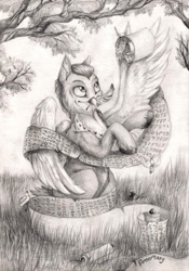 Size: 600x855 | Tagged: safe, artist:dearmary, imported from derpibooru, oc, oc only, oc:even, bird, owl, forest, grass, gray, monochrome, pencil drawing, pony-owl, solo, traditional art, writer