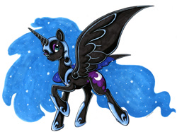 Size: 1024x765 | Tagged: safe, artist:jenkiwi, imported from derpibooru, nightmare moon, alicorn, pony, female, mare, raised hoof, simple background, solo, spread wings, traditional art, white background