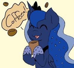 Size: 1699x1557 | Tagged: safe, artist:gummigator, imported from derpibooru, princess luna, alicorn, pony, :3, ^^, ^w^, coffee, eyes closed, happy, simple background, solo, yellow background