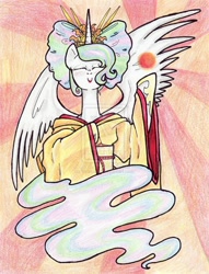 Size: 2141x2802 | Tagged: safe, artist:oriwhitedeer, imported from derpibooru, princess celestia, alicorn, amaterasu, clothes, eyes closed, female, mare, solo, sun, traditional art