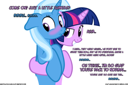 Size: 1050x700 | Tagged: safe, artist:navitaserussirus, imported from derpibooru, trixie, twilight sparkle, genie, asktwixiegenies, ask, blushing, female, lesbian, shantae, shipping, tumblr, twixie