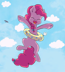 Size: 912x1000 | Tagged: safe, artist:erysz, imported from derpibooru, pinkie pie, alternate hairstyle, female, happy, inflatable, inner tube, ponytail, solo, underhoof