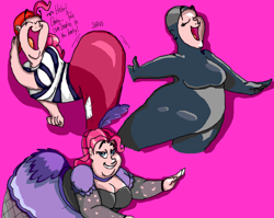 Size: 900x718 | Tagged: safe, artist:applelight limited, artist:catstuxedo, color edit, deleted from derpibooru, idw, imported from derpibooru, pinkie pie, human, catsuit, chubby, digital art, fat, humanized, pirate, pudgy pie, showgirl