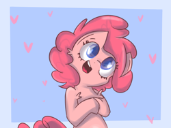 Size: 1600x1200 | Tagged: safe, artist:strabarybrick, imported from derpibooru, pinkie pie, earth pony, pony, blue background, chest fluff, colored pupils, cute, diapinkes, ear fluff, female, fluffy, head tilt, heart, mare, open mouth, ponk, shoulder fluff, simple background, smiling, solo