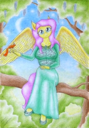 Size: 1631x2329 | Tagged: safe, artist:sinaherib, imported from derpibooru, fluttershy, anthro, clothes, dress, elf ears, female, looking at you, shoes, solo, traditional art, tree branch