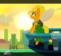 Size: 1300x1200 | Tagged: safe, artist:great9star, imported from derpibooru, applejack, pony, alternate hairstyle, alternate universe, balcony, bipedal, bipedal leaning, city, clothes, commission, dress, female, lens flare, manehattan, necklace, orangejack, solo, sunset