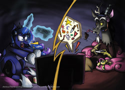Size: 790x572 | Tagged: safe, artist:melissathehedgehog, imported from derpibooru, discord, fluttershy, princess luna, gamer luna, angry, chocolate milk, controller, headset, magic, plushie, video game, yelling